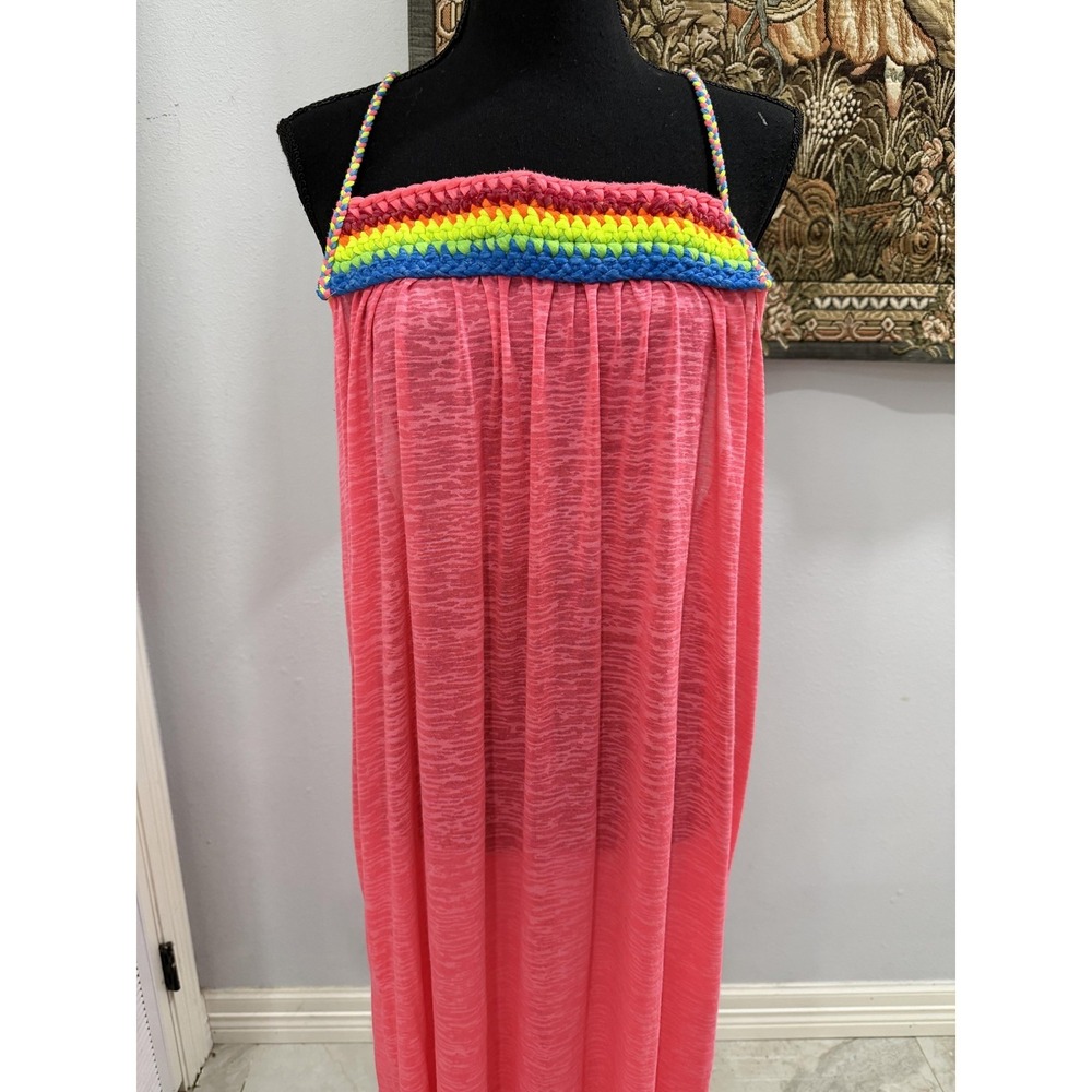 Pitusa Dress Womens Petite Pink Sheer Maxi Sundress Rainbow‎ Trim Ruffle Beach